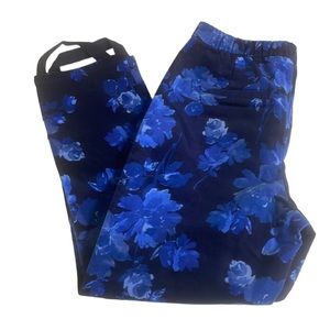 New Isaac Mizrahi Blue Floral Print Velvet Stirrup Pants Size 10P Adjustable